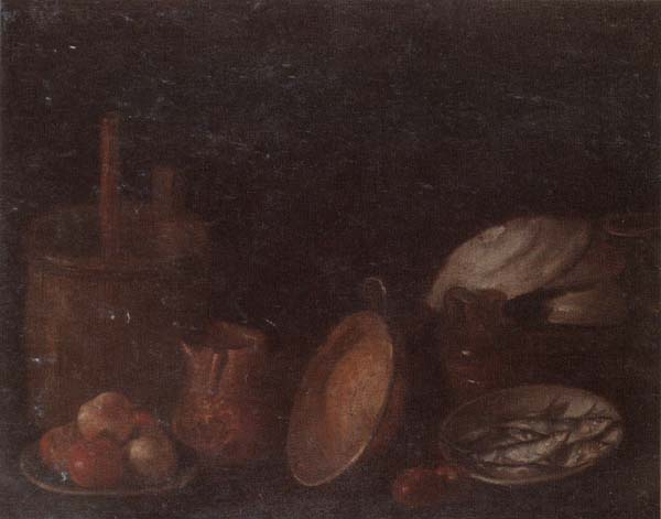 Still life of apples and herring in bowls,a beaten copper jar,a pan and other kitchen implements